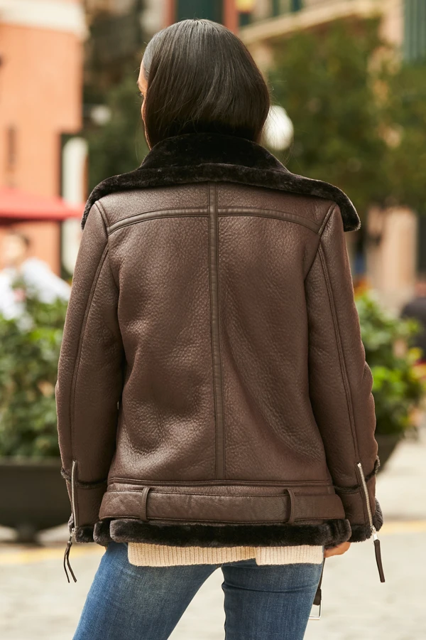 Chocolate Brown Faux Shearling Biker Jacket - Image 4