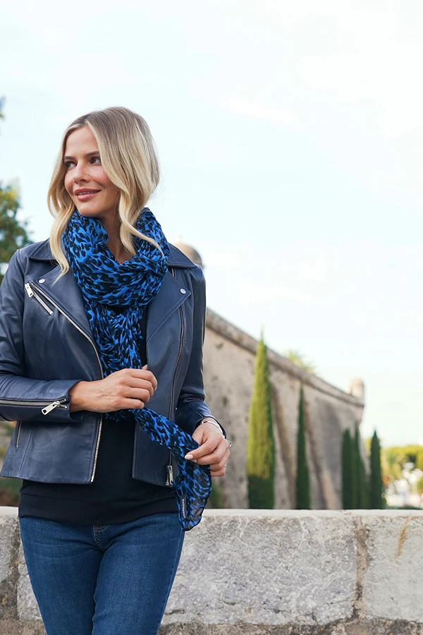 Navy Blue Leather Biker Jacket - Image 6