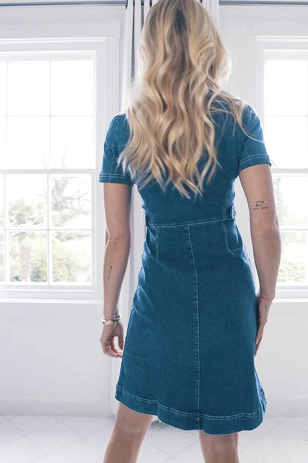 Indigo Blue Short Sleeve Round Neck Zip Front Denim Dress - Image 7