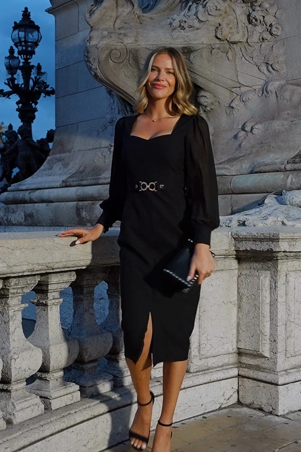 Black Sweetheart Neckline Pencil Dress With Sheer Sleeve Detail - Image 7