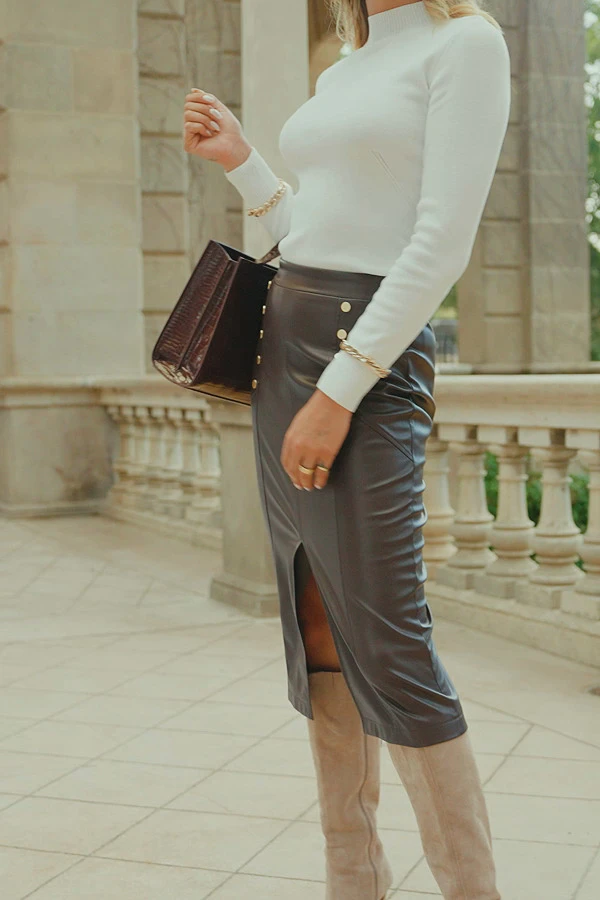 Chocolate Brown Faux Leather Pencil Skirt With Gold Buttons - Image 7