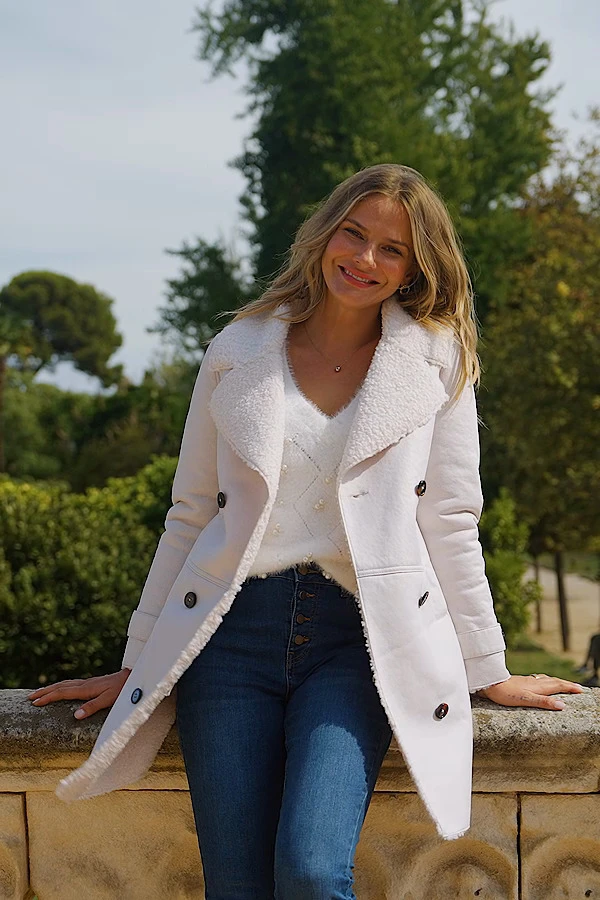 Ecru Luxe Faux Shearling Double Breasted Coat - Image 9