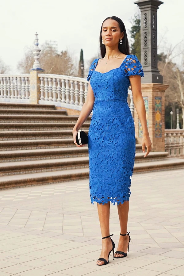 Cobalt Blue Luxe Lace Detail Pencil Dress - Image 5
