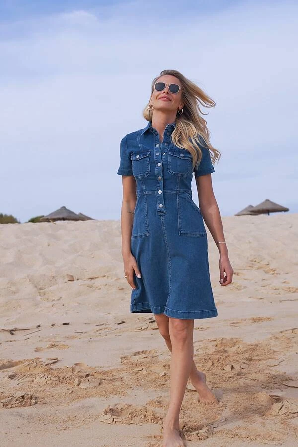 Indigo Blue Popper Front Short Sleeve Stretch Denim Dress - Image 7