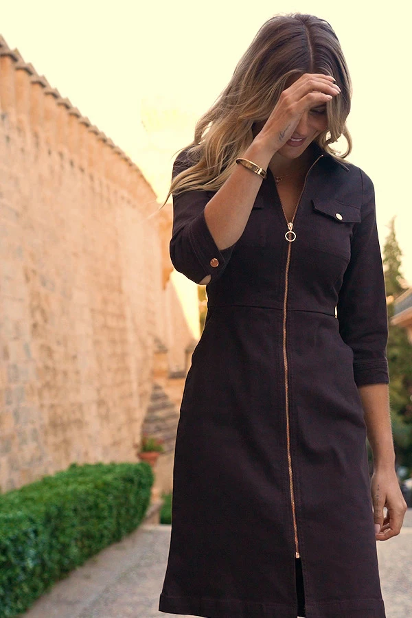 Chocolate Brown Zip Front Denim Dress With Pockets - Image 7