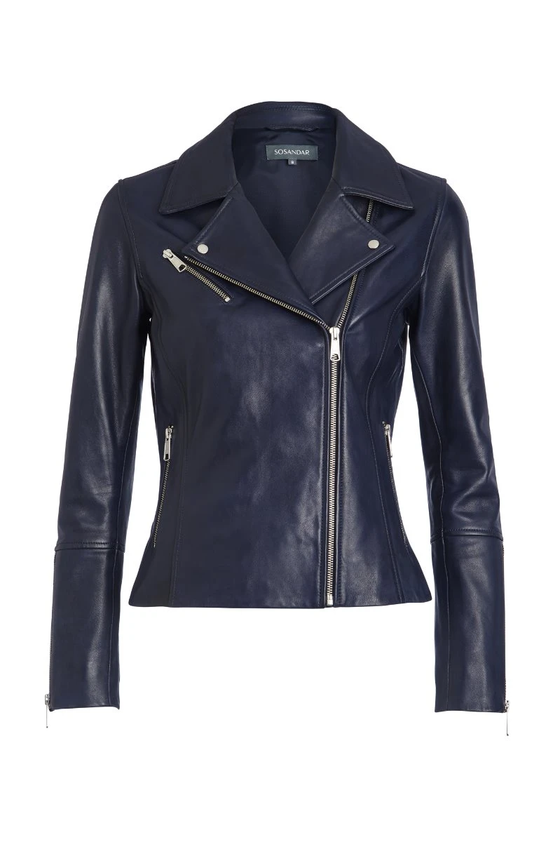 Navy Blue Leather Biker Jacket - Image 5