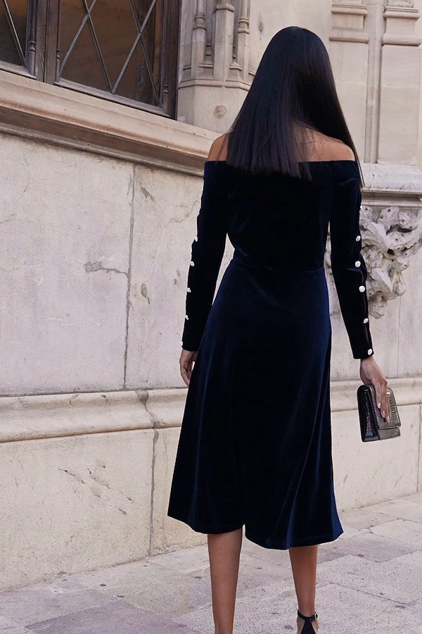 Midnight Blue Velvet Embellished Sleeve Bardot Dress - Image 7