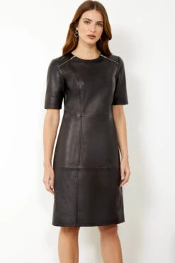Black Leather Zip Detail Shift Dress