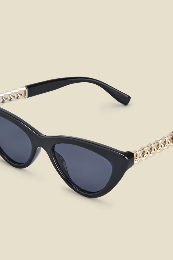 Black & Gold Chain Detail Cateye Sunglasses - Image 2