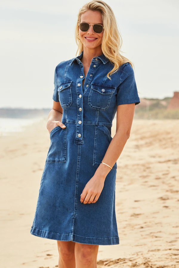Indigo Blue Popper Front Short Sleeve Stretch Denim Dress - Image 6