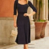 Navy Blue Metallic Sweetheart Neckline Fit & Flare Knitted Dress