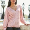 Rose Gold Sequin V Neck Blouson Sleeve Top