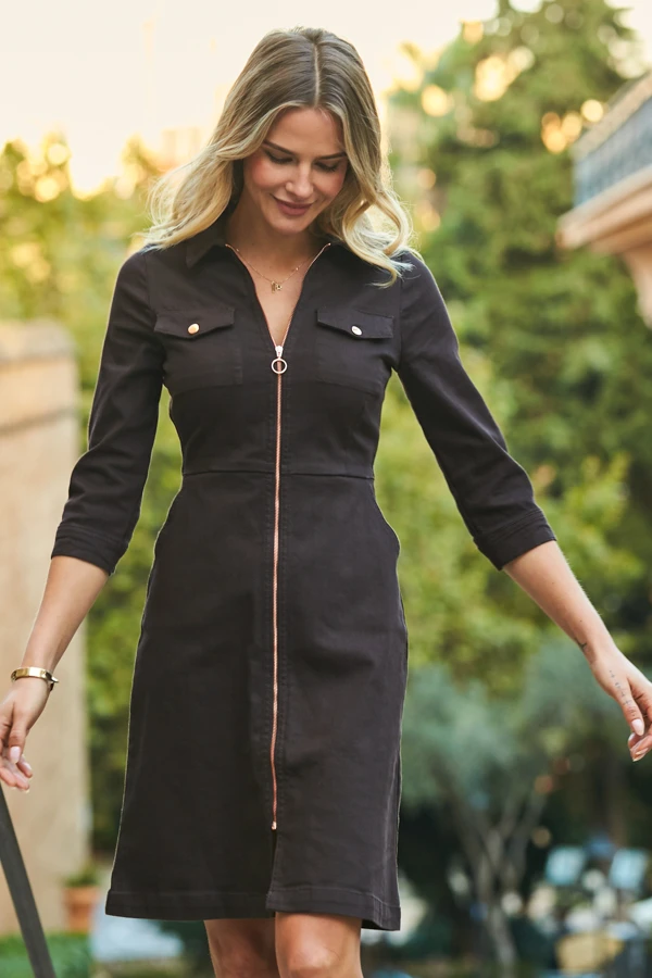 Chocolate Brown Zip Front Denim Dress With Pockets - Image 3