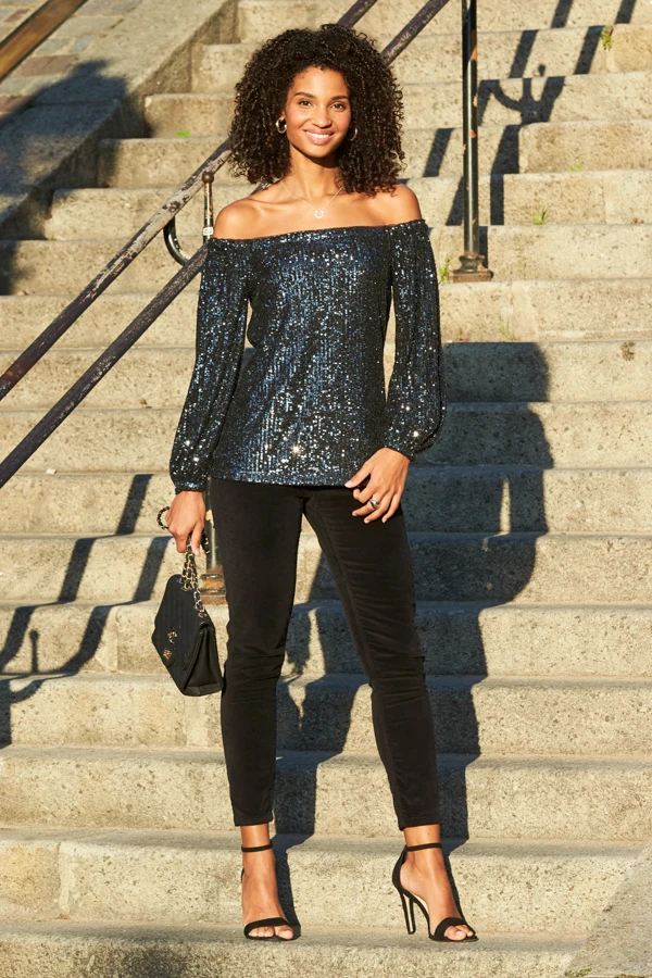 Black Sequin Luxe Bardot Top - Image 3