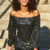 Black Sequin Luxe Bardot Top