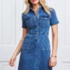 Indigo Blue Popper Front Short Sleeve Stretch Denim Dress