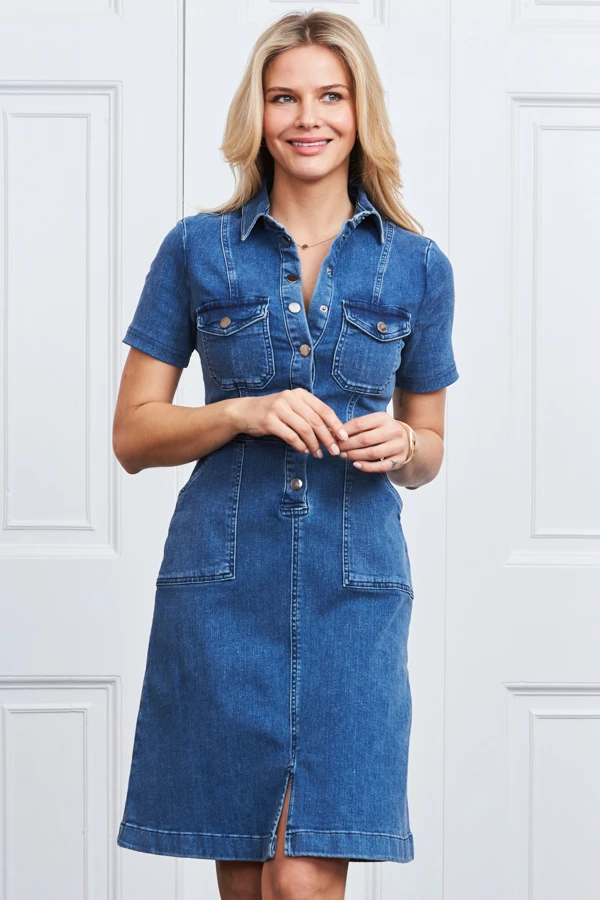 Indigo Blue Popper Front Short Sleeve Stretch Denim Dress - Image 2