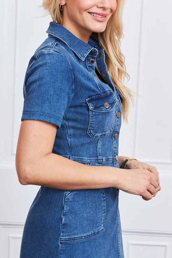 Indigo Blue Popper Front Short Sleeve Stretch Denim Dress - Image 4