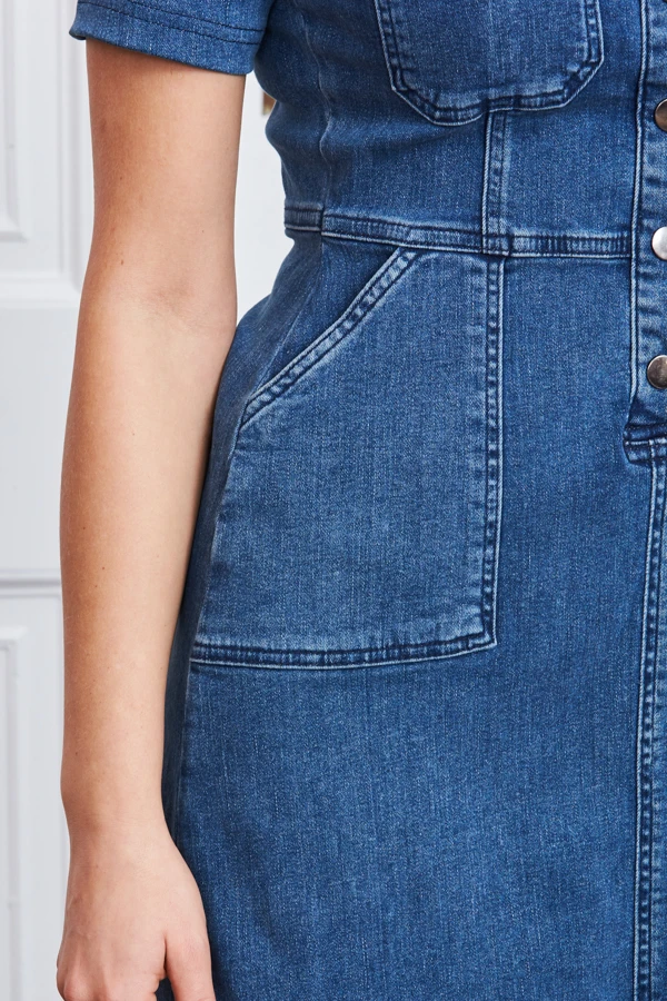 Indigo Blue Popper Front Short Sleeve Stretch Denim Dress - Image 5