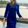 Sapphire Blue Velvet Ruffle Hem Shift Dress
