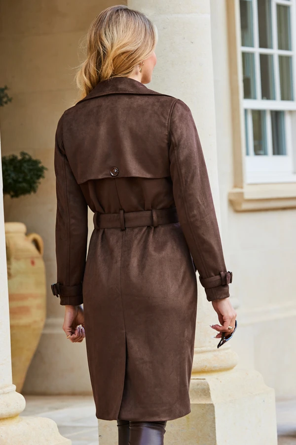 Chocolate Faux Suede Belted Trench Coat - Image 3