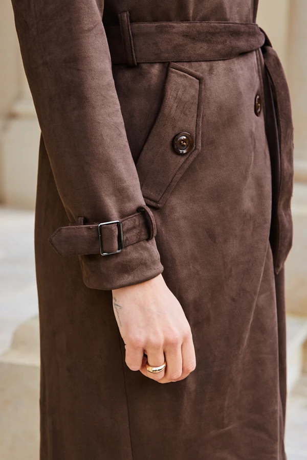 Chocolate Faux Suede Belted Trench Coat - Image 4