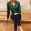 Emerald Green Luxe Satin Shirt With Gold Button Detail