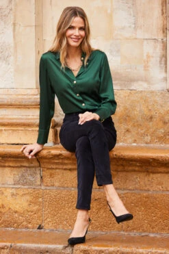 Emerald Green Luxe Satin Shirt With Gold Button Detail