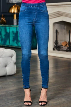 Mid Blue Button Detail Hem Jeggings