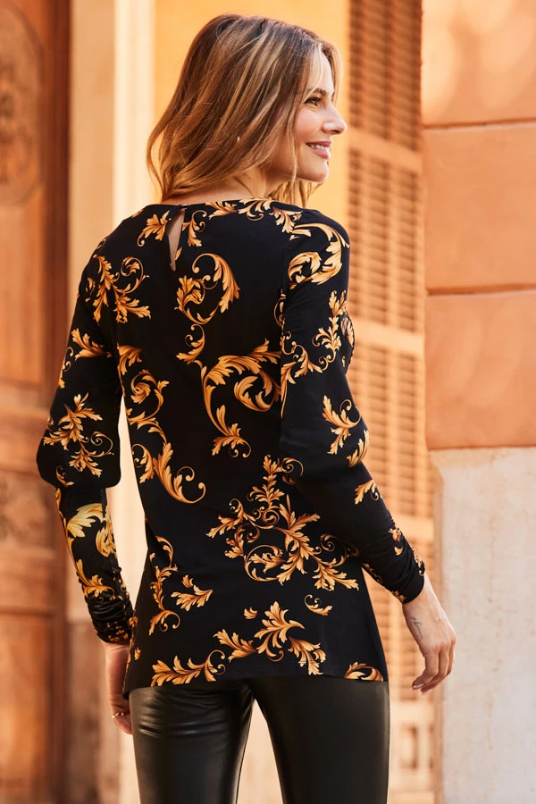 Black & Gold Baroque Print Balloon Sleeve Tunic Top - Image 4