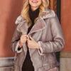 Mocha Faux Shearling Biker Jacket