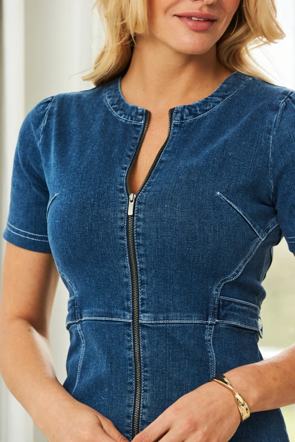Indigo Blue Short Sleeve Round Neck Zip Front Denim Dress - Image 2
