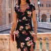 Black Floral Print Faux Wrap Midi Jersey Dress