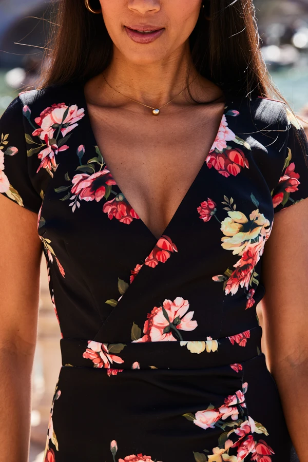 Black Floral Print Faux Wrap Midi Jersey Dress - Image 6