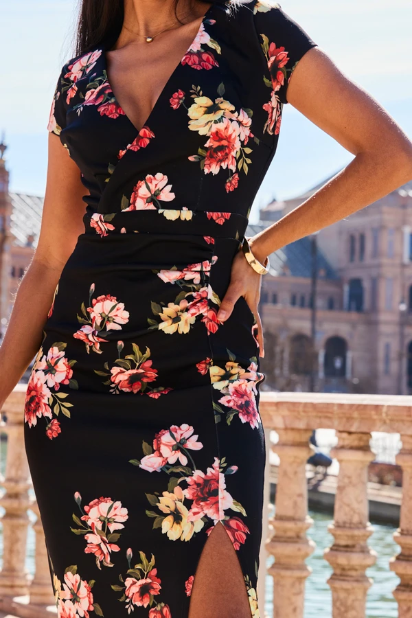 Black Floral Print Faux Wrap Midi Jersey Dress - Image 4