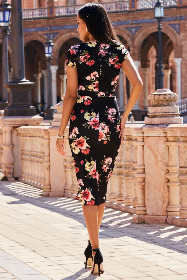 Black Floral Print Faux Wrap Midi Jersey Dress - Image 5