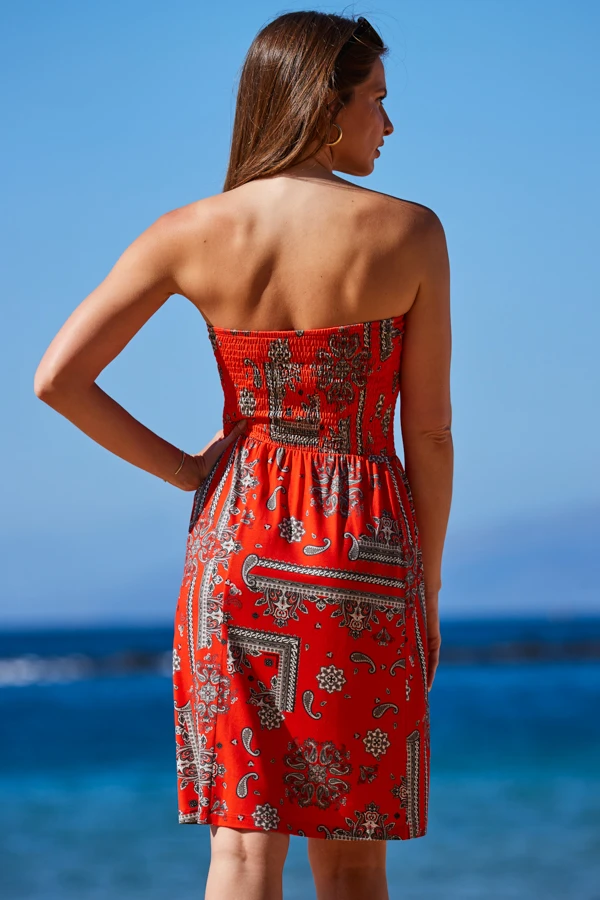 Red Scarf Print Bandeau Sun Jersey Dress - Image 5
