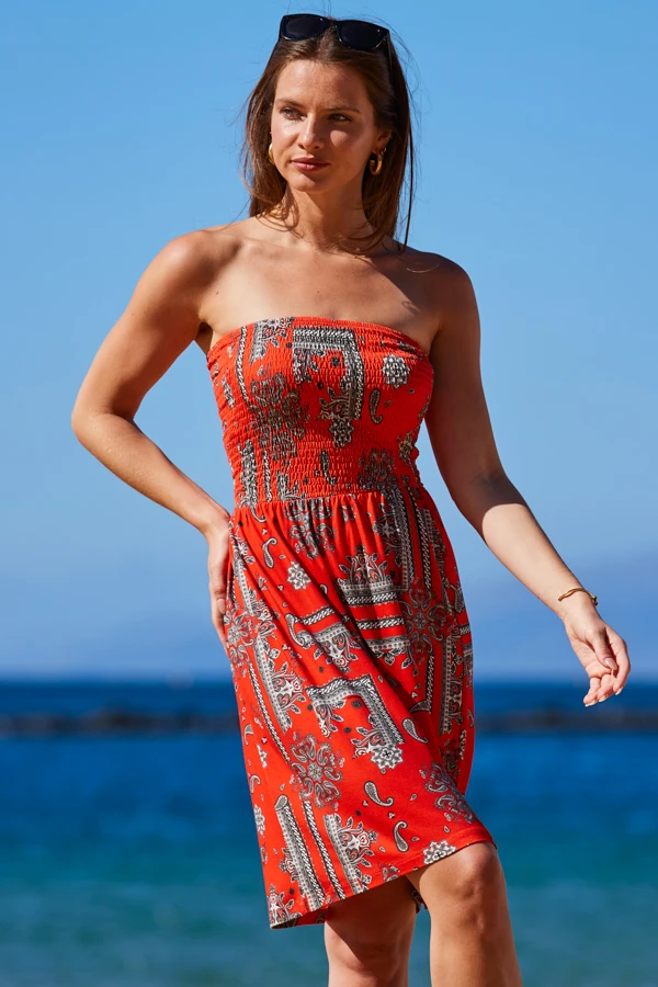 Red Scarf Print Bandeau Sun Jersey Dress - Image 2