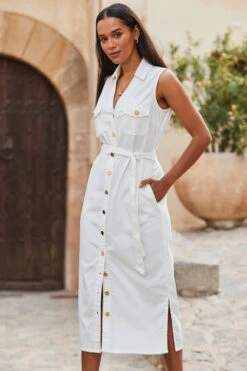 Ivory Belted Denim Midi Dress
