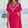 Pink Embroidered Floral Detail Tie Back Beach Kaftan
