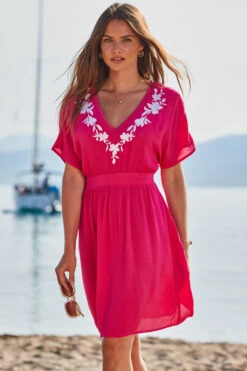 Pink Embroidered Floral Detail Tie Back Beach Kaftan