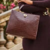 Brown Croc Faux Leather Top Handle Tote Bag With Cross Body Strap