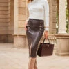 Chocolate Brown Faux Leather Pencil Skirt With Gold Buttons