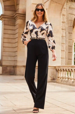 Black & White Chain Print Satin Two Part Wide Leg Jumpsuit