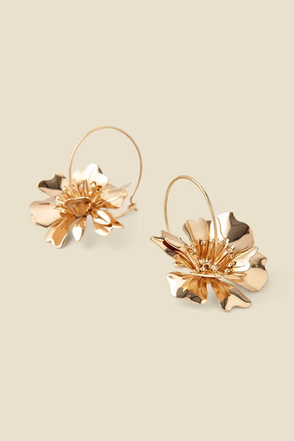 Gold Flower Detail Hoop Earrings - Image 2