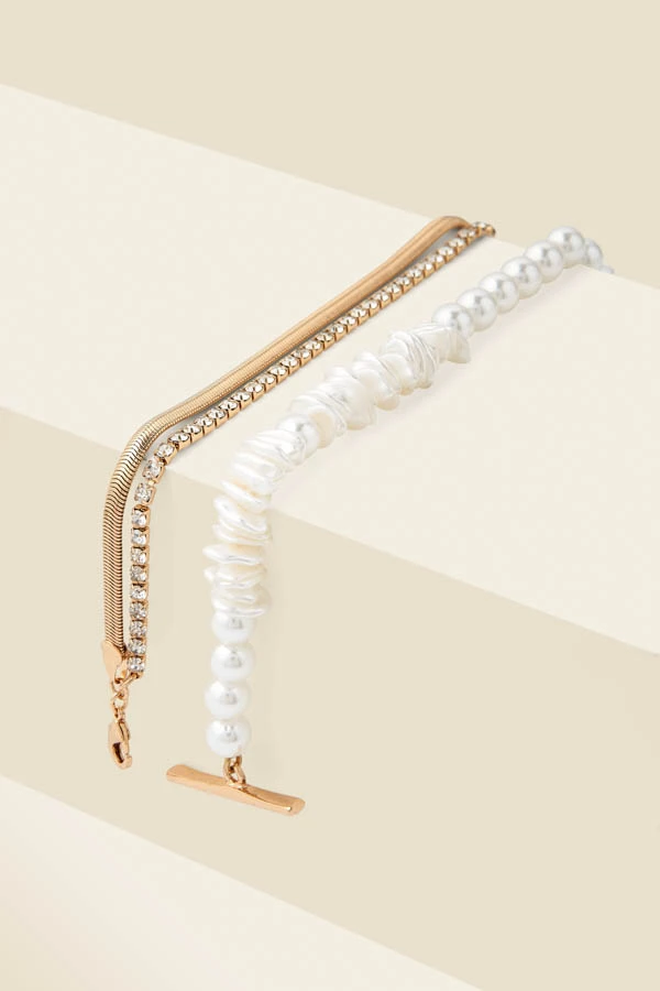 Gold Triple Layer Diamante & Pearl Toggle Detail Necklace - Image 3