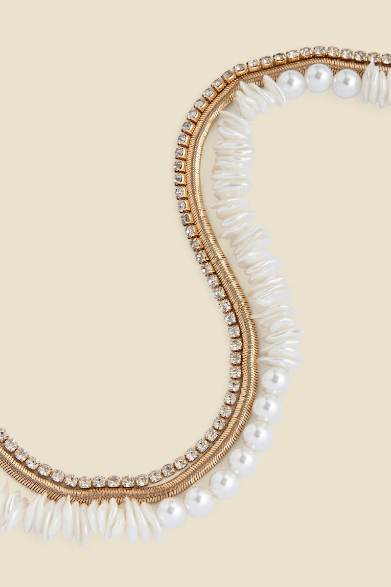 Gold Triple Layer Diamante & Pearl Toggle Detail Necklace - Image 2