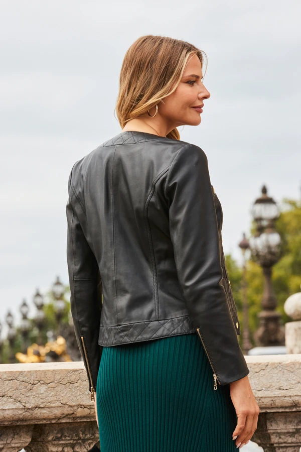 Black Quilted Round Neck Leather Jacket With Gold Buttons - Image 4