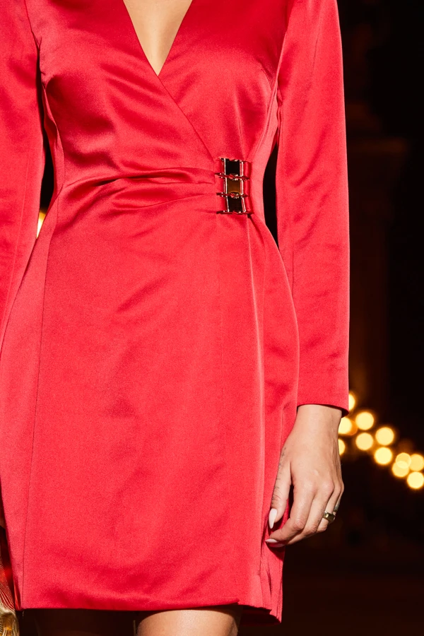 Red Satin Buckle Detail Wrap Front Blazer Dress - Image 6
