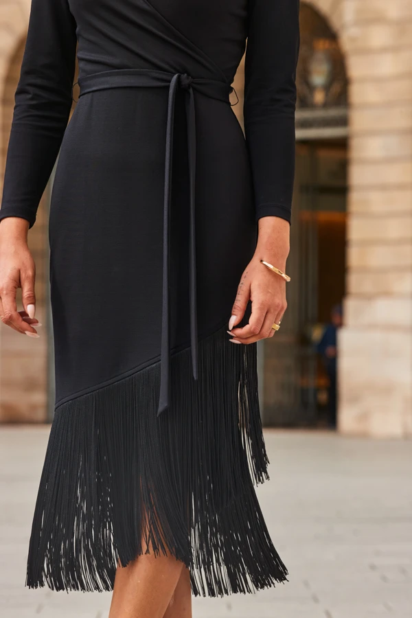 Black Tassel Detail Belted Wrap Jersey Dress - Image 5